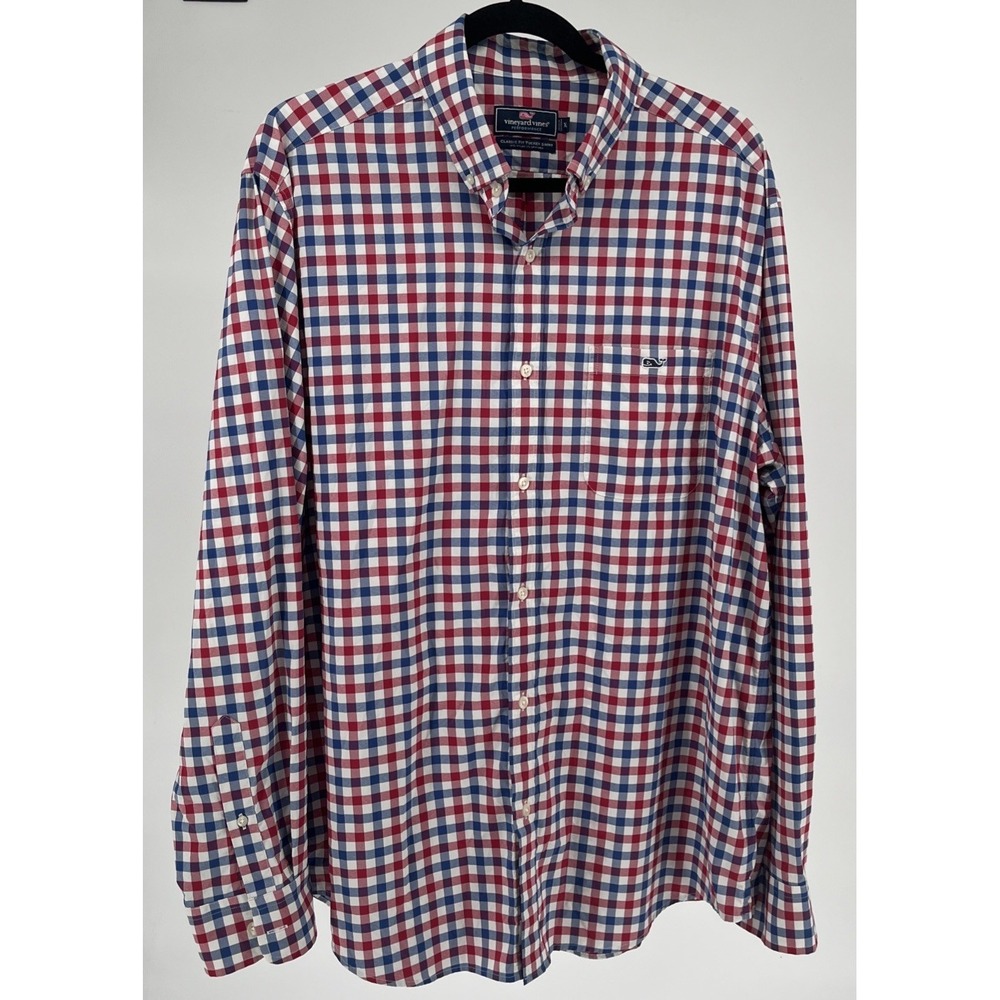 Vineyard Vines Mens XL Performance Stretch Tucker Shirt Red Blue Plaid July 4th